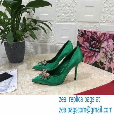 Dolce  &  Gabbana Heel 10.5cm Satin Pumps Green with Crystal Bow 2021